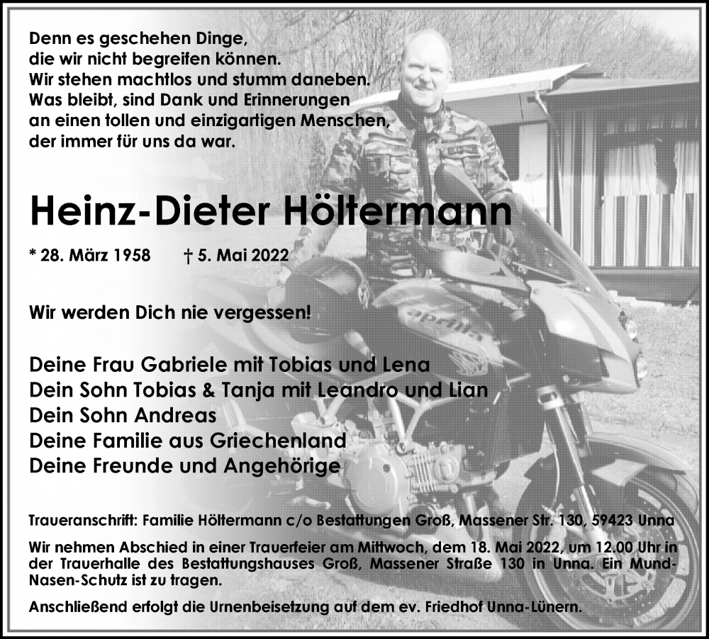  Traueranzeige für Heinz-Dieter Höltermann vom 13.05.2022 aus Hellweger Anzeiger