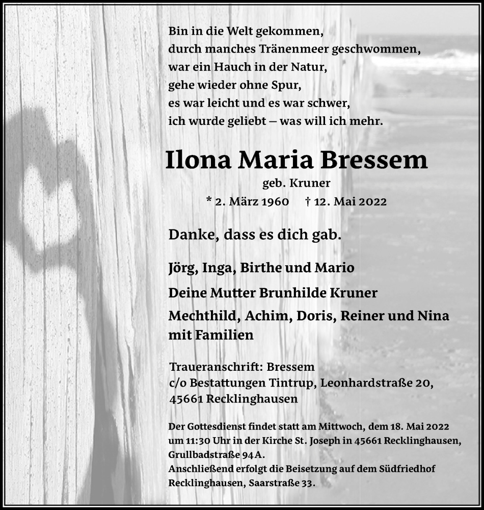  Traueranzeige für Ilona Maria Bressem vom 14.05.2022 aus Medienhaus Bauer