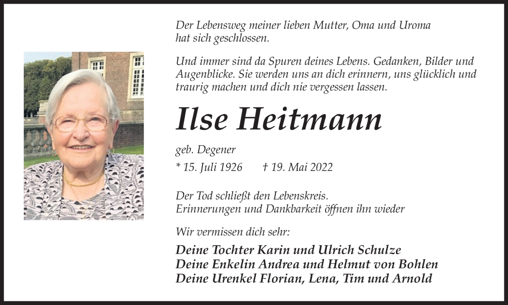  Traueranzeige für Ilse Heitmann vom 21.05.2022 aus Ruhr Nachrichten