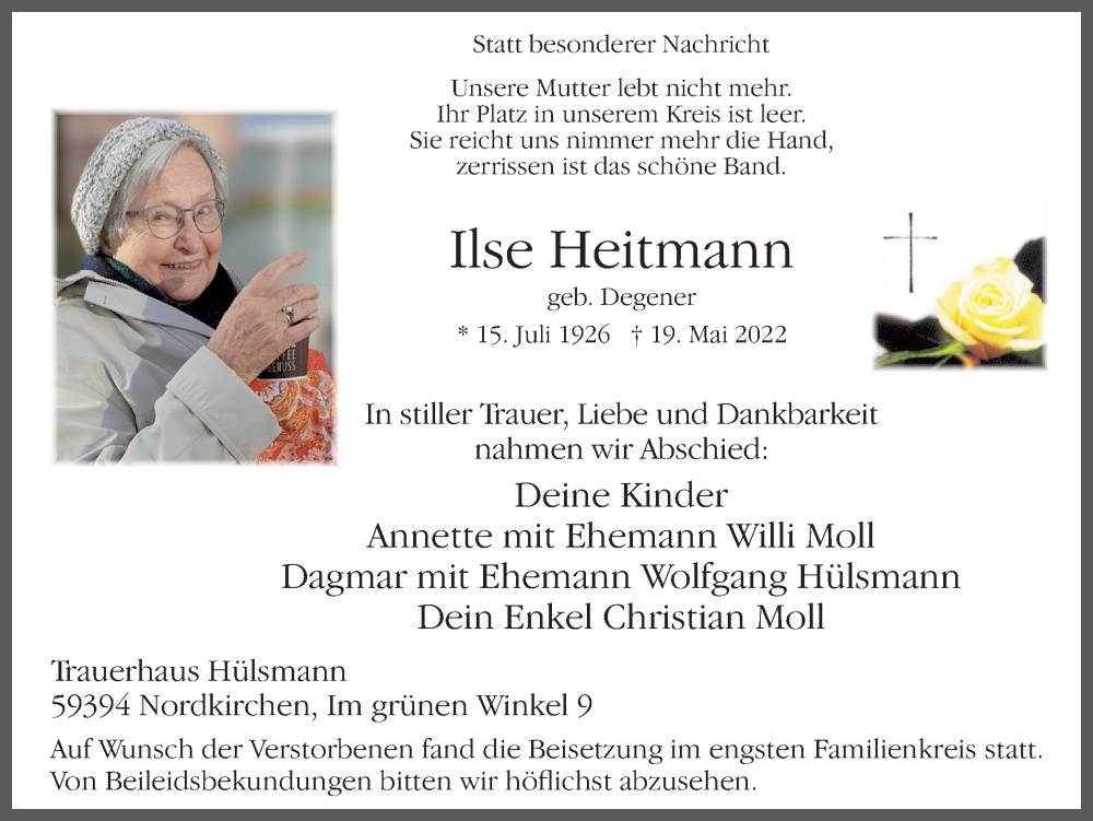  Traueranzeige für Ilse Heitmann vom 25.05.2022 aus Ruhr Nachrichten