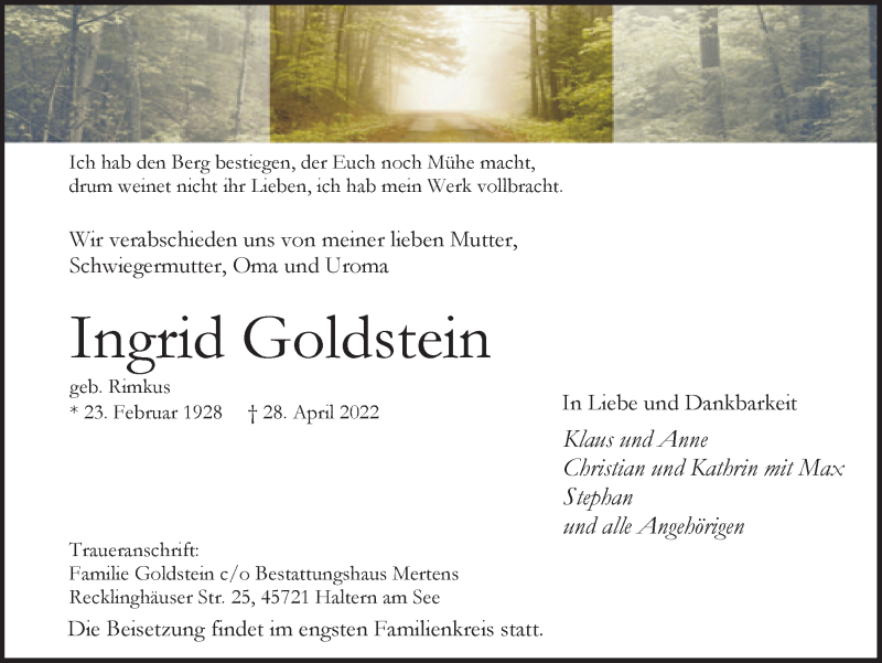  Traueranzeige für Ingrid Goldstein vom 03.05.2022 aus Medienhaus Bauer