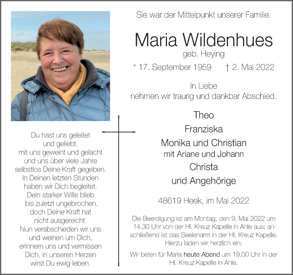  Traueranzeige für Maria Wildenhues vom 05.05.2022 aus Münstersche Zeitung und Münsterland Zeitung