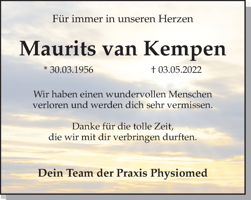  Traueranzeige für Maurits van Kempen vom 14.05.2022 aus 