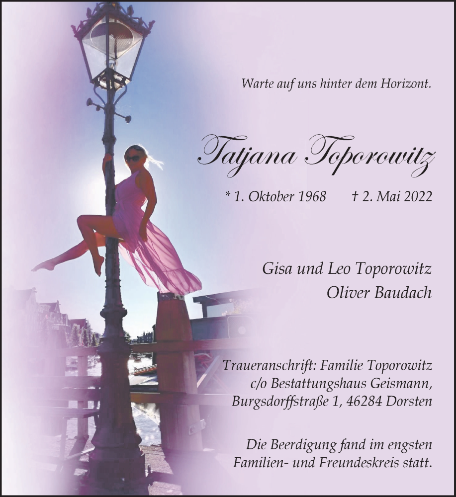  Traueranzeige für Tatjana Toporowitz vom 13.05.2022 aus Ruhr Nachrichten und Dorstener Zeitung