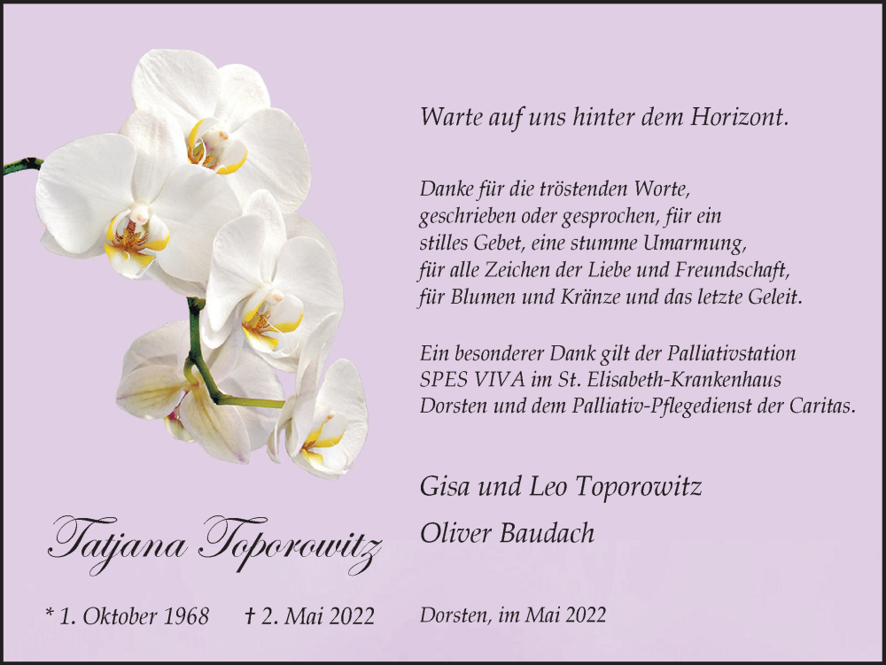  Traueranzeige für Tatjana Toporowitz vom 28.05.2022 aus Ruhr Nachrichten und Dorstener Zeitung
