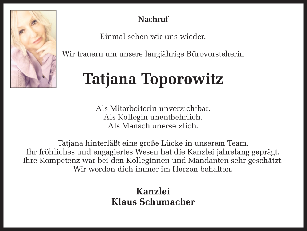  Traueranzeige für Tatjana Toporowitz vom 23.05.2022 aus Ruhr Nachrichten und Dorstener Zeitung