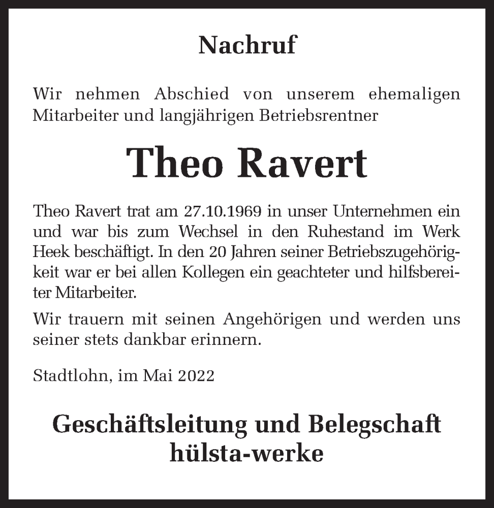  Traueranzeige für Theo Ravert vom 24.05.2022 aus Münstersche Zeitung und Münsterland Zeitung