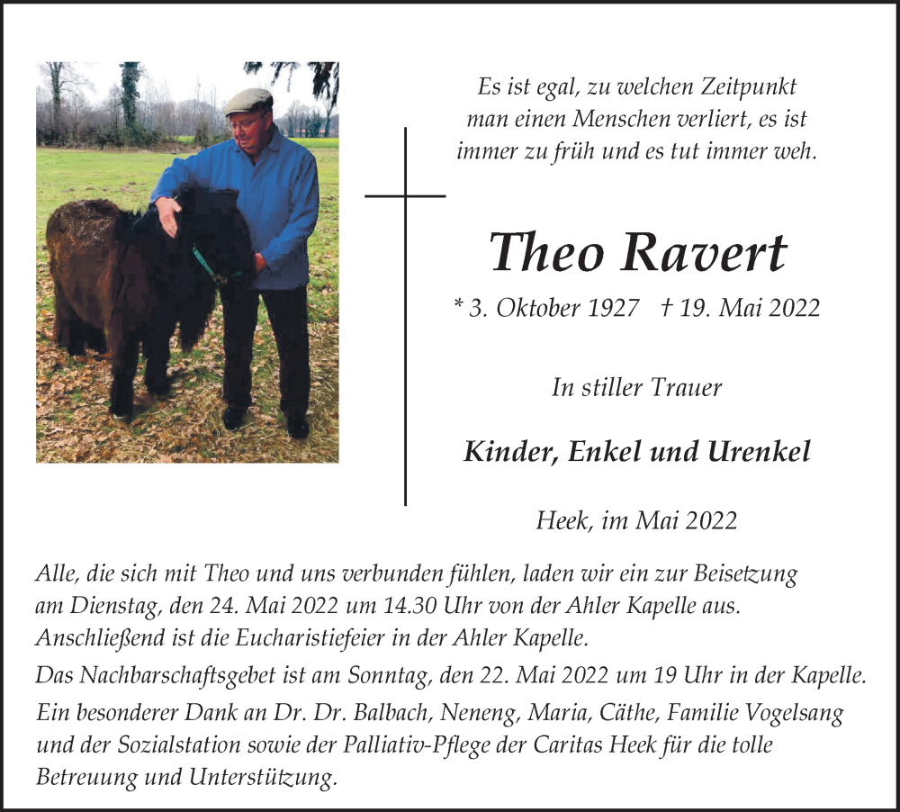  Traueranzeige für Theo Ravert vom 21.05.2022 aus Münstersche Zeitung und Münsterland Zeitung