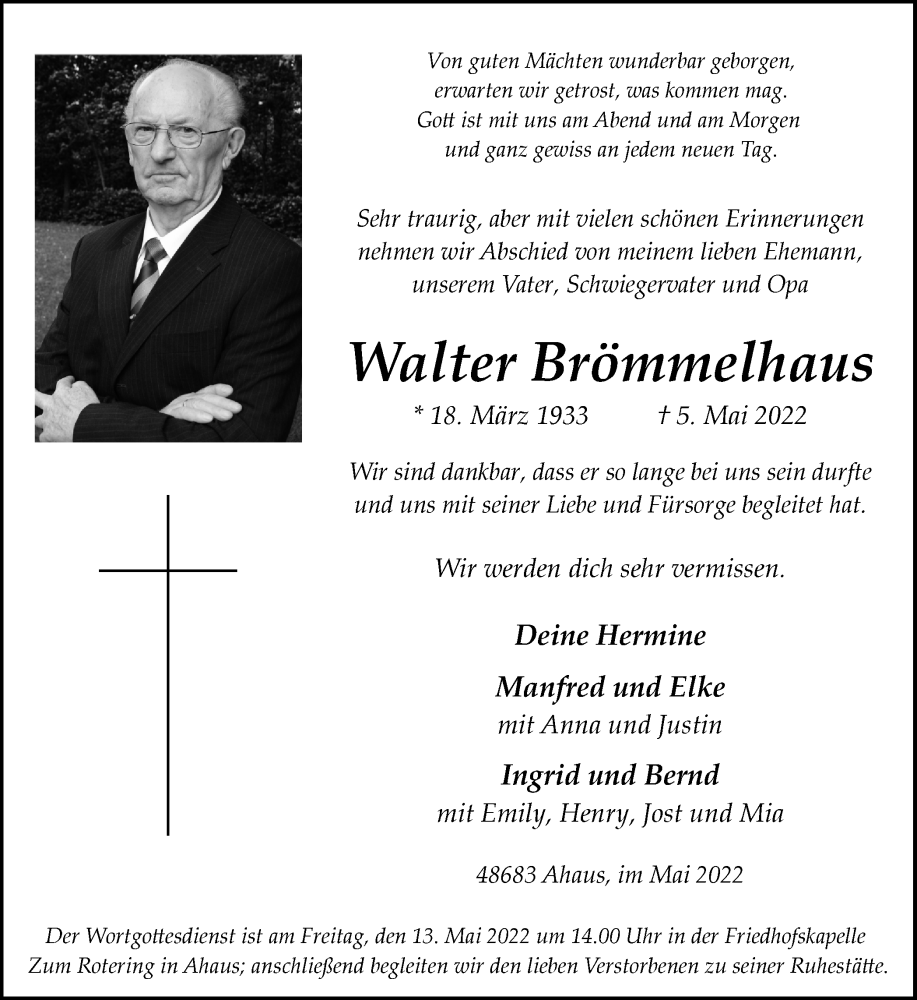  Traueranzeige für Walter Brömmelhaus vom 10.05.2022 aus Münstersche Zeitung und Münsterland Zeitung