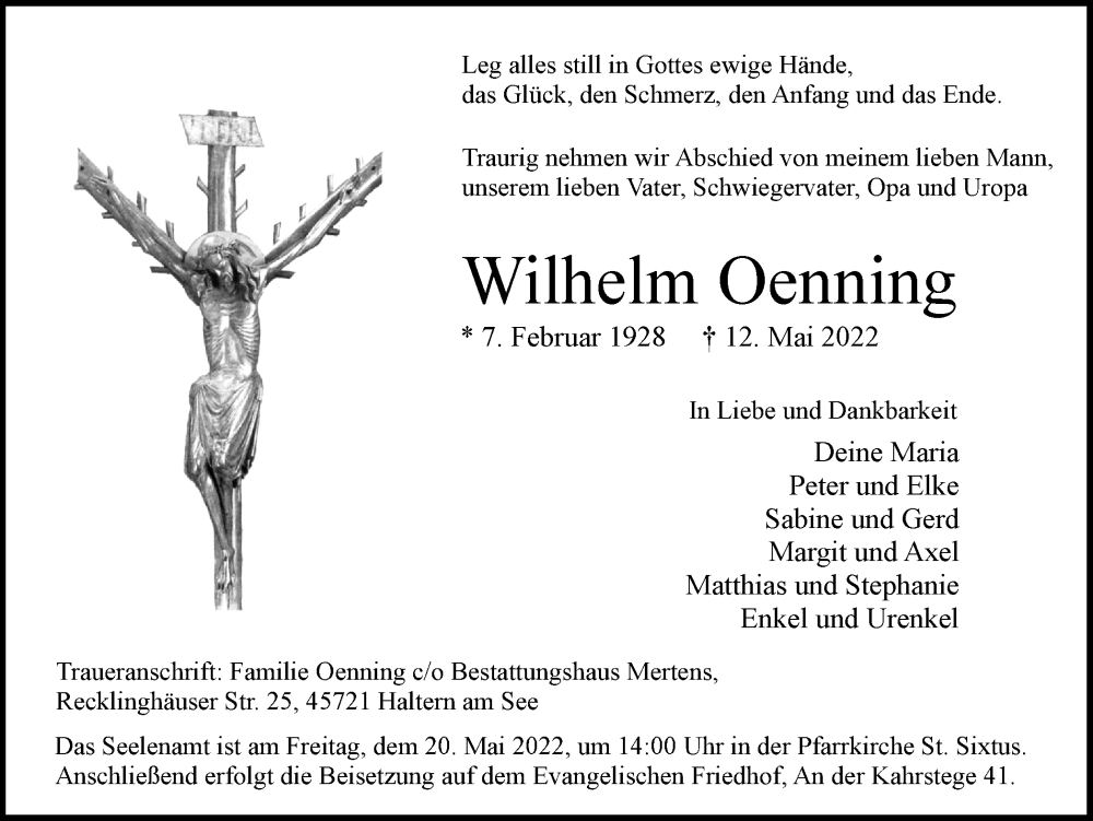  Traueranzeige für Wilhelm Oenning vom 14.05.2022 aus Ruhr Nachrichten und Halterner Zeitung