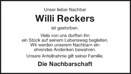 Traueranzeige von Willi Reckers von Münstersche Zeitung und Münsterland Zeitung
