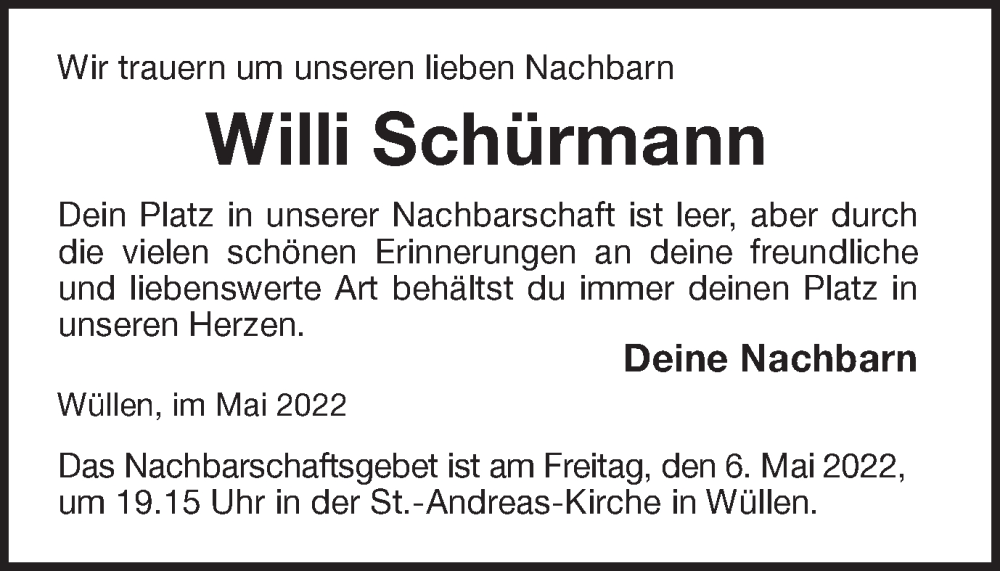  Traueranzeige für Willi Schürmann vom 05.05.2022 aus Münstersche Zeitung und Münsterland Zeitung