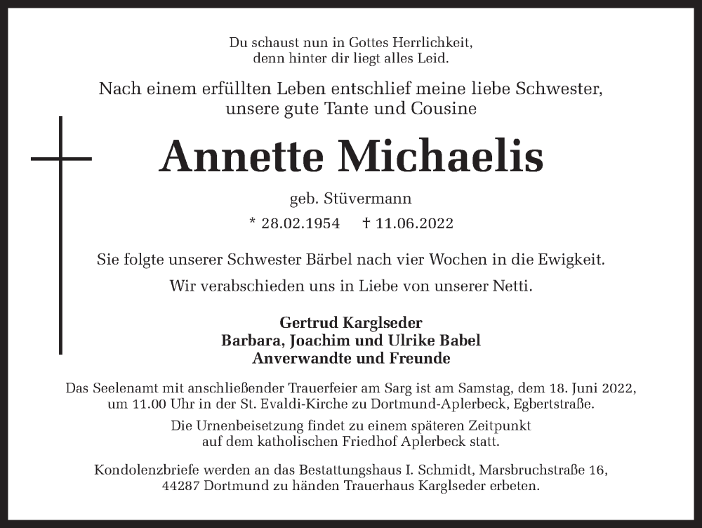 Traueranzeigen Von Annette Michaelis Sich Erinnern De