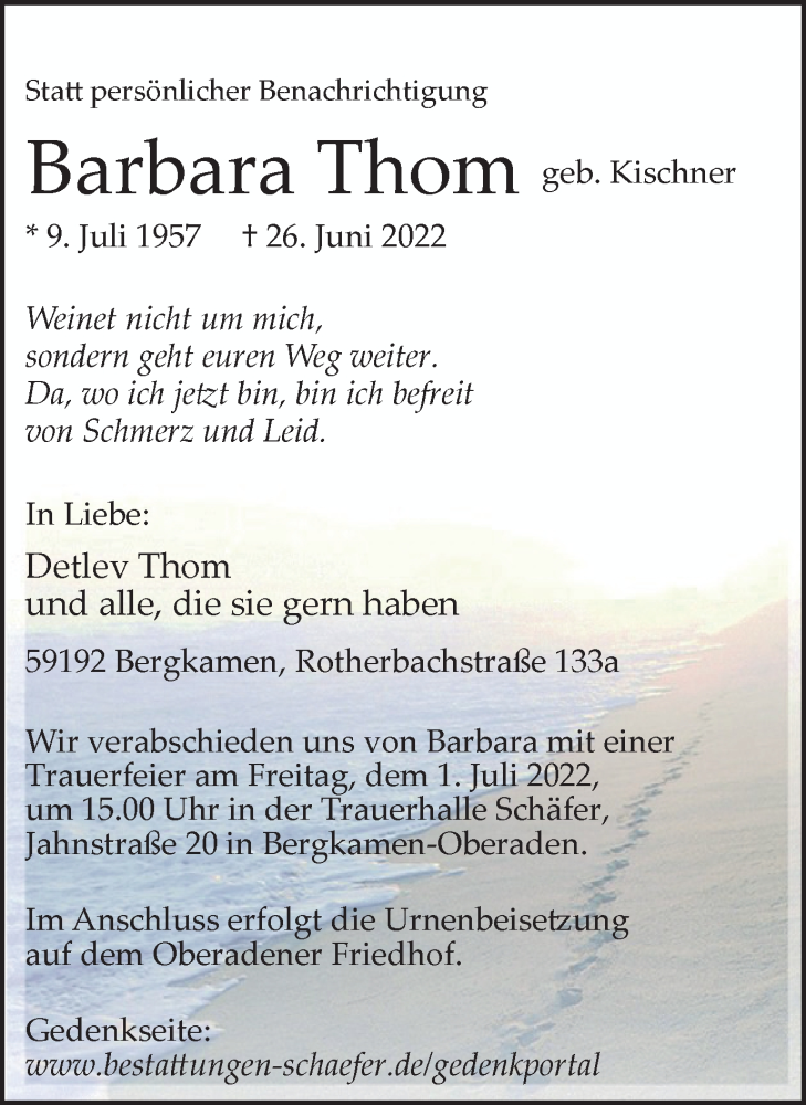  Traueranzeige für Barbara Thom vom 28.06.2022 aus Hellweger Anzeiger