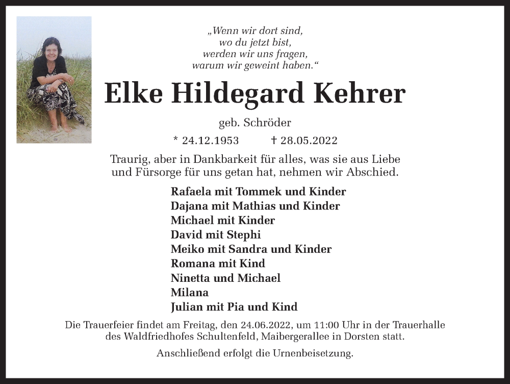  Traueranzeige für Elke Hildegard Kehrer vom 20.06.2022 aus Ruhr Nachrichten und Dorstener Zeitung