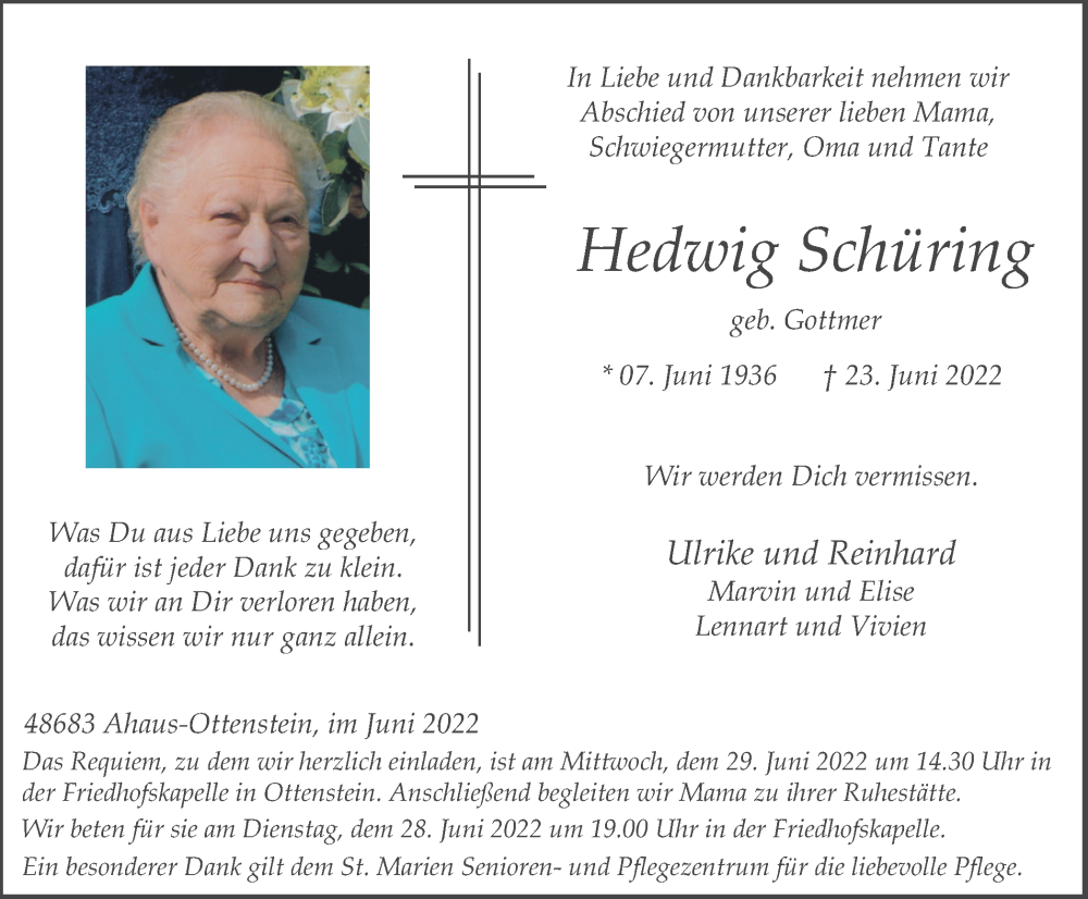  Traueranzeige für Hedwig Schüring vom 25.06.2022 aus Münstersche Zeitung und Münsterland Zeitung