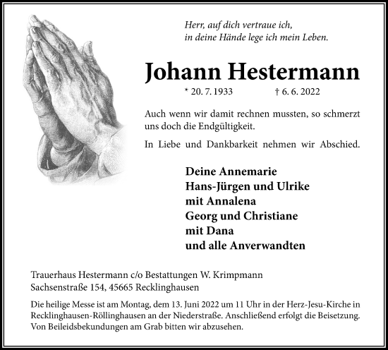 Traueranzeigen Von Johann Hestermann Sich Erinnern De