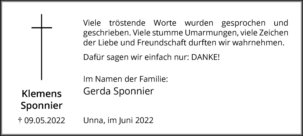  Traueranzeige für Klemens Sponnier vom 18.06.2022 aus Hellweger Anzeiger