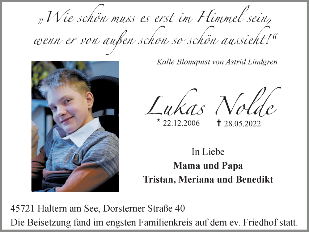  Traueranzeige für Lukas Nolde vom 18.06.2022 aus Ruhr Nachrichten und Halterner Zeitung