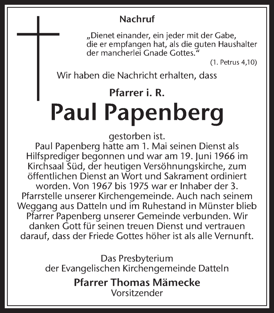 Traueranzeigen Von Paul Papenberg Sich Erinnern De