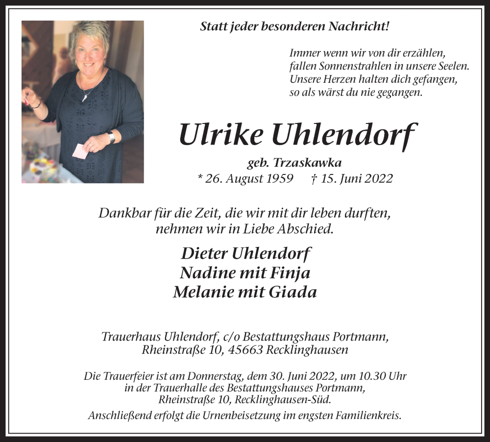  Traueranzeige für Ulrike Uhlendorf vom 22.06.2022 aus Medienhaus Bauer