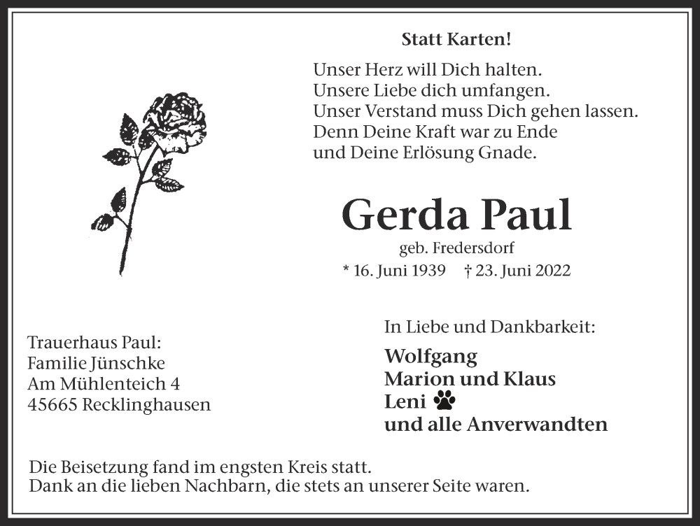 Traueranzeigen Von Gerda Paul Sich Erinnern De