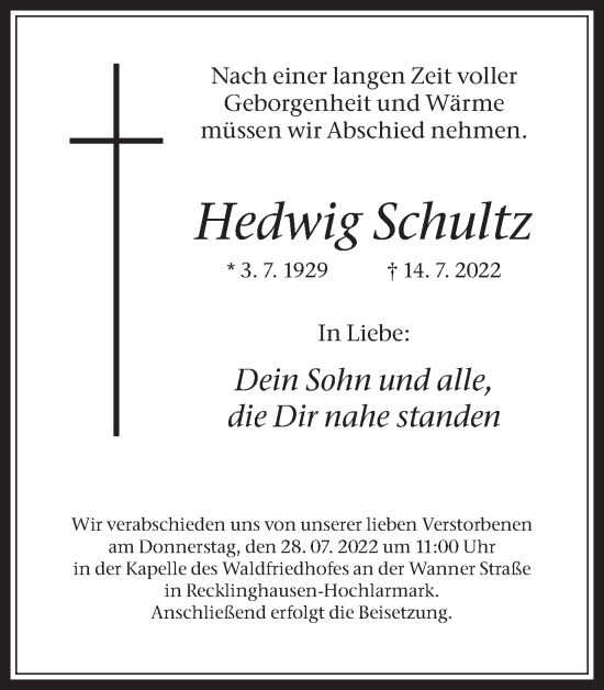 Traueranzeigen Von Hedwig Schultz Sich Erinnern De