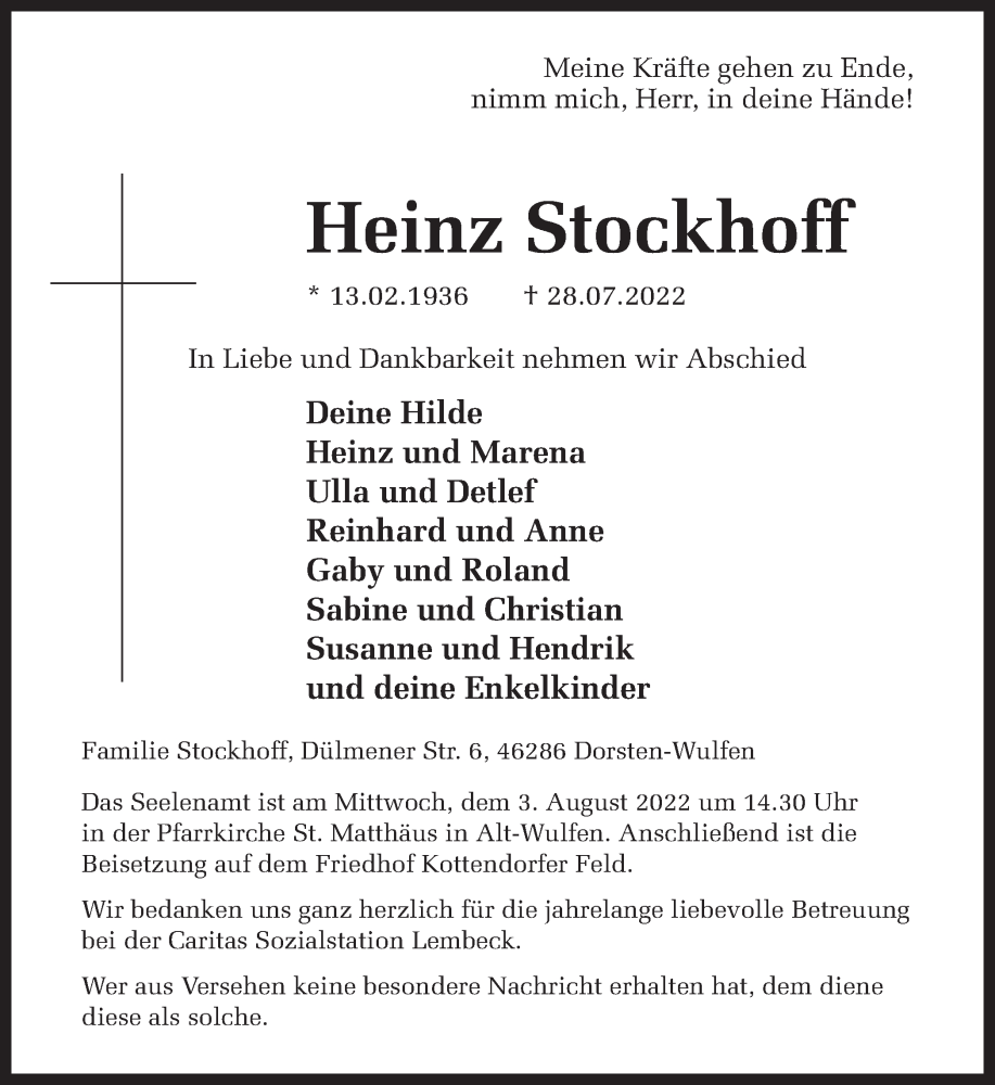  Traueranzeige für Heinz Stockhoff vom 30.07.2022 aus Ruhr Nachrichten und Dorstener Zeitung