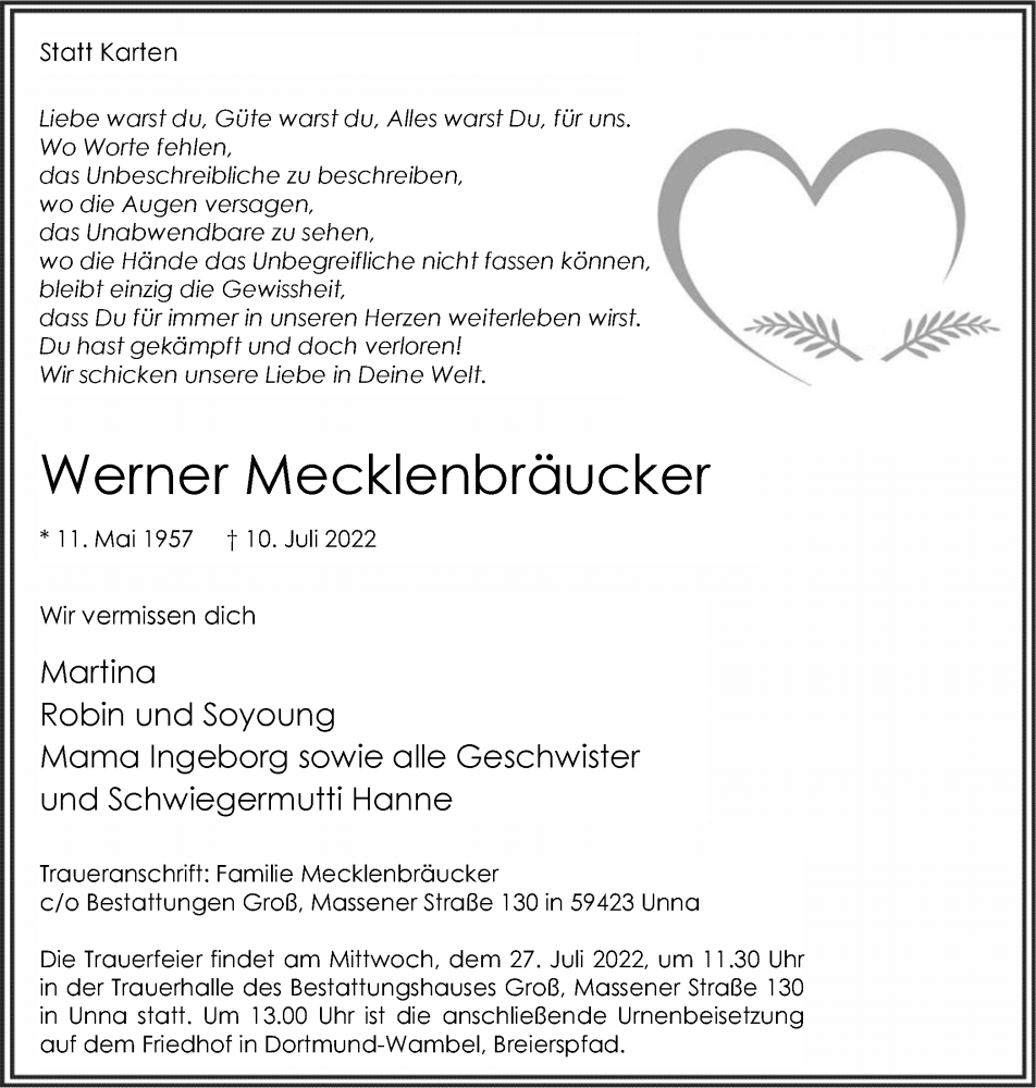  Traueranzeige für Werner Mecklenbräucker vom 23.07.2022 aus Hellweger Anzeiger