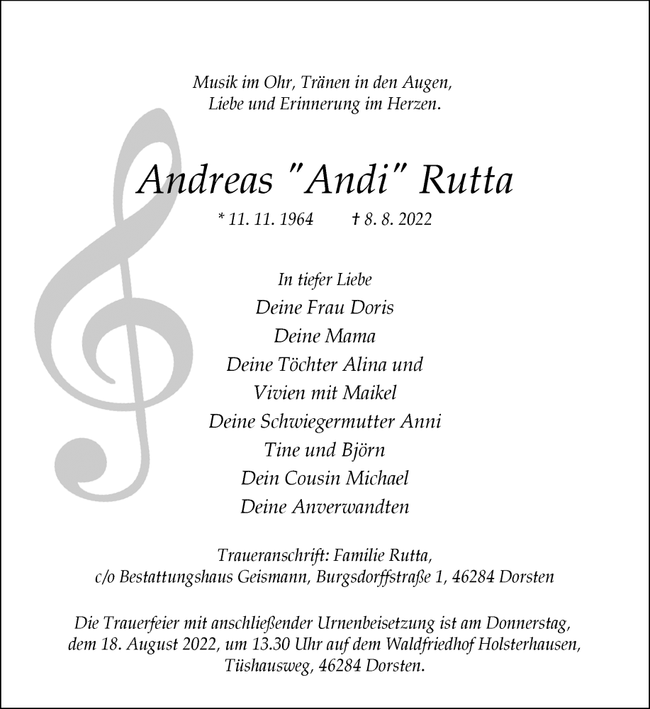  Traueranzeige für Andreas „Andi“ Rutta vom 13.08.2022 aus Ruhr Nachrichten und Dorstener Zeitung