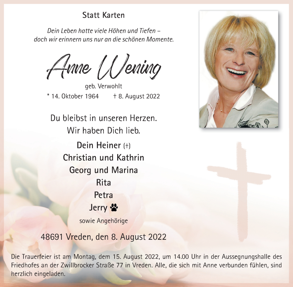  Traueranzeige für Anne Wening vom 10.08.2022 aus Münstersche Zeitung und Münsterland Zeitung