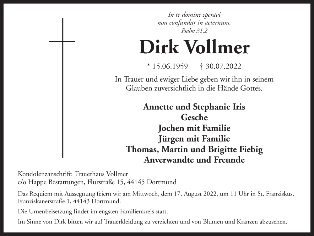  Traueranzeige für Dirk Vollmer vom 13.08.2022 aus 