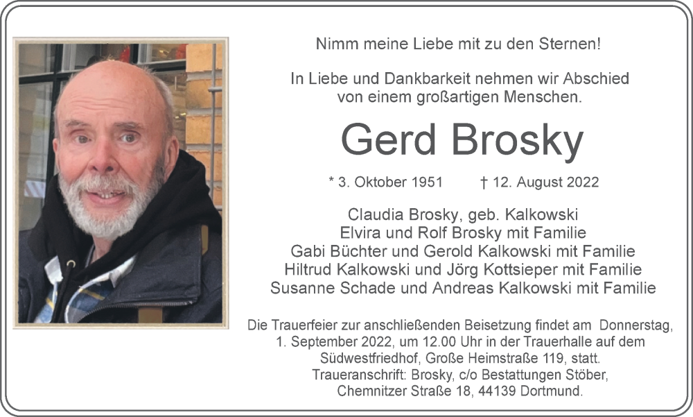  Traueranzeige für Gerd Brosky vom 24.08.2022 aus 