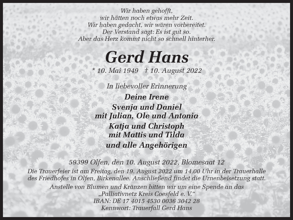 Traueranzeige für Gerd Hans vom 13.08.2022 aus Ruhr Nachrichten