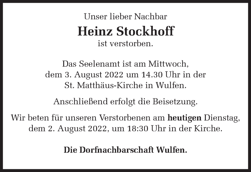  Traueranzeige für Heinz Stockhoff vom 02.08.2022 aus Ruhr Nachrichten und Dorstener Zeitung
