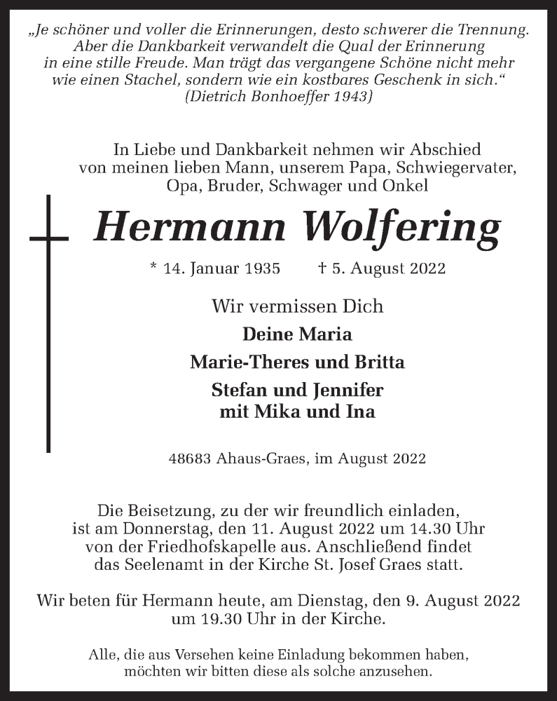  Traueranzeige für Hermann Wolfering vom 09.08.2022 aus Münstersche Zeitung und Münsterland Zeitung