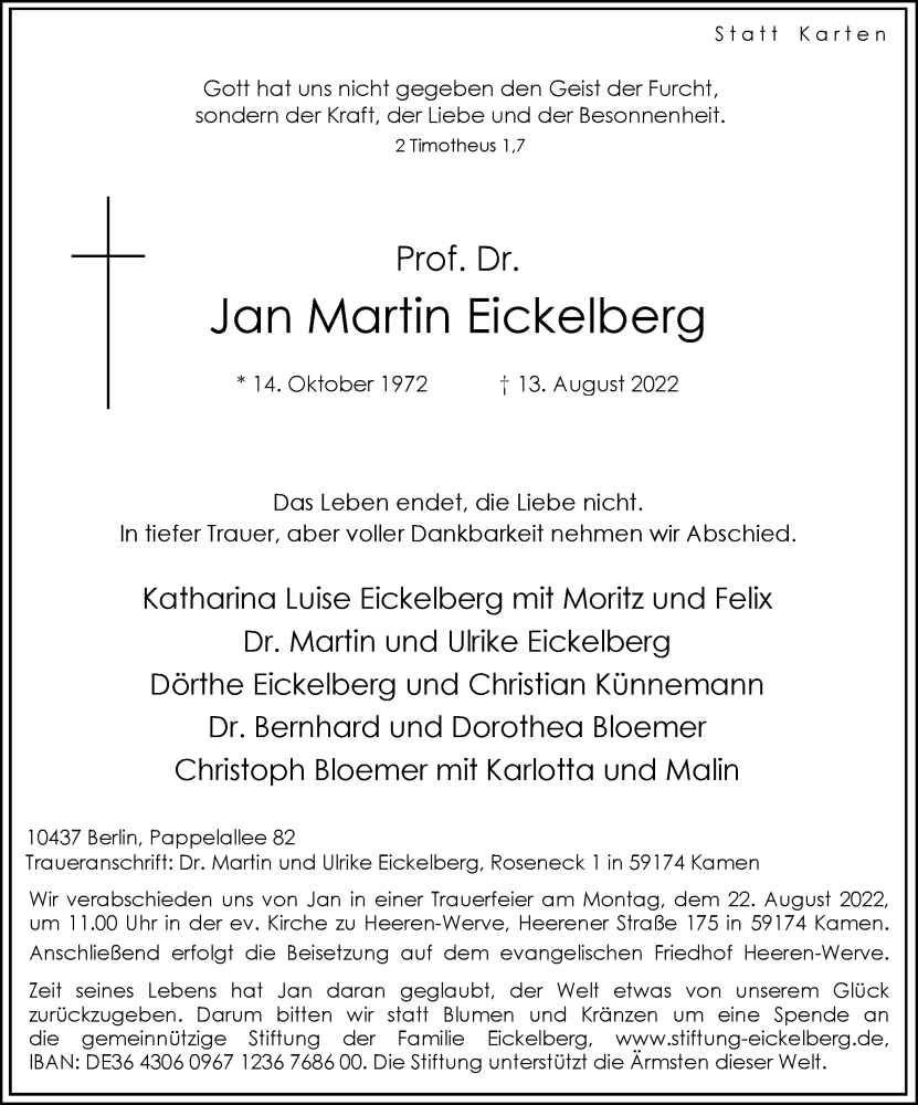  Traueranzeige für Jan Martin Eickelberg vom 17.08.2022 aus Hellweger Anzeiger