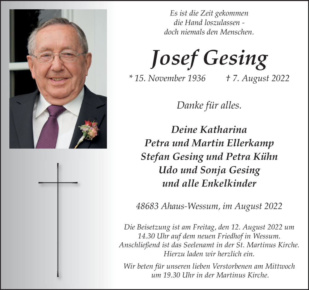  Traueranzeige für Josef Gesing vom 09.08.2022 aus Münstersche Zeitung und Münsterland Zeitung