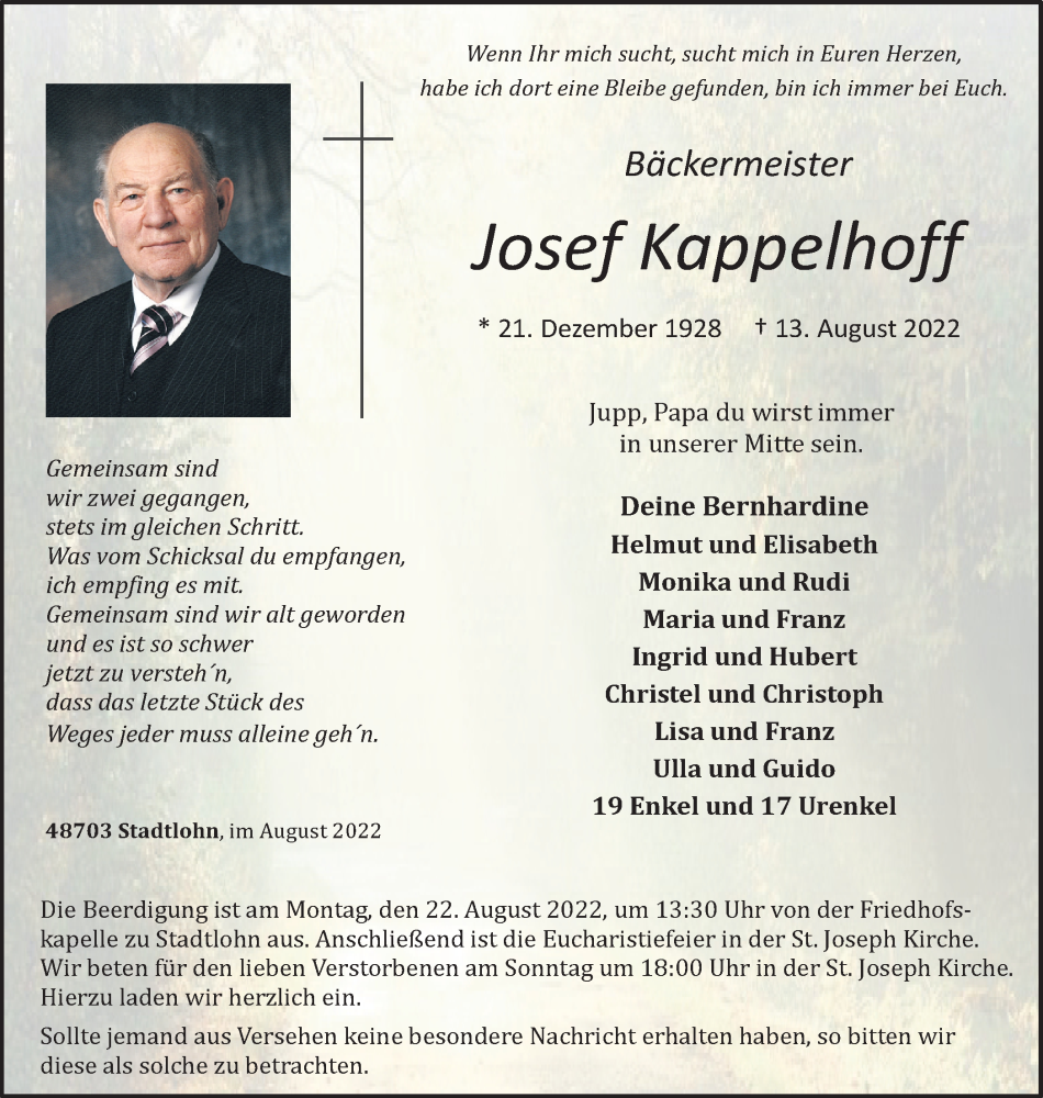  Traueranzeige für Josef Kappelhoff vom 17.08.2022 aus Münstersche Zeitung und Münsterland Zeitung