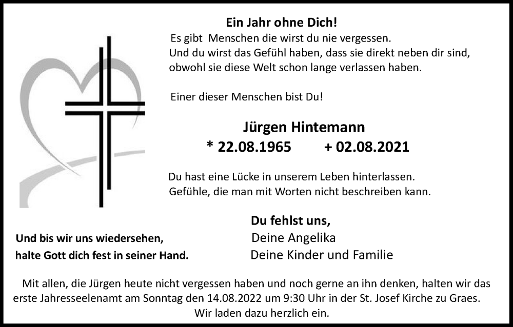  Traueranzeige für Jürgen Hintemann vom 11.08.2022 aus Münstersche Zeitung und Münsterland Zeitung