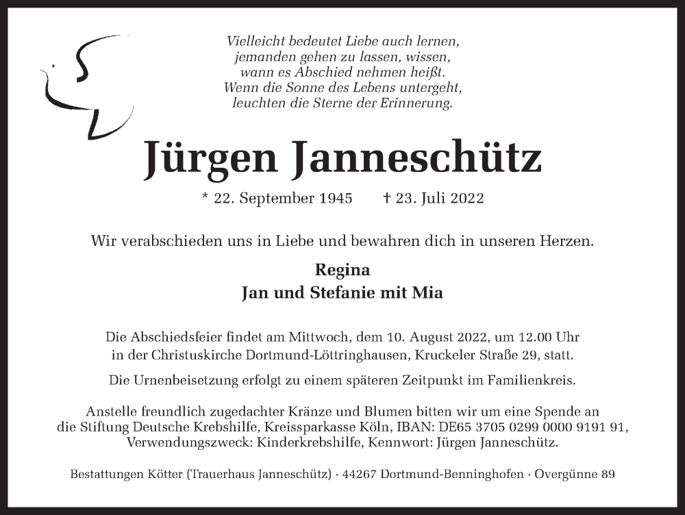  Traueranzeige für Jürgen Janneschütz vom 06.08.2022 aus 