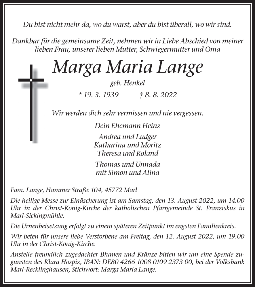  Traueranzeige für Marga Maria Lange vom 11.08.2022 aus Medienhaus Bauer