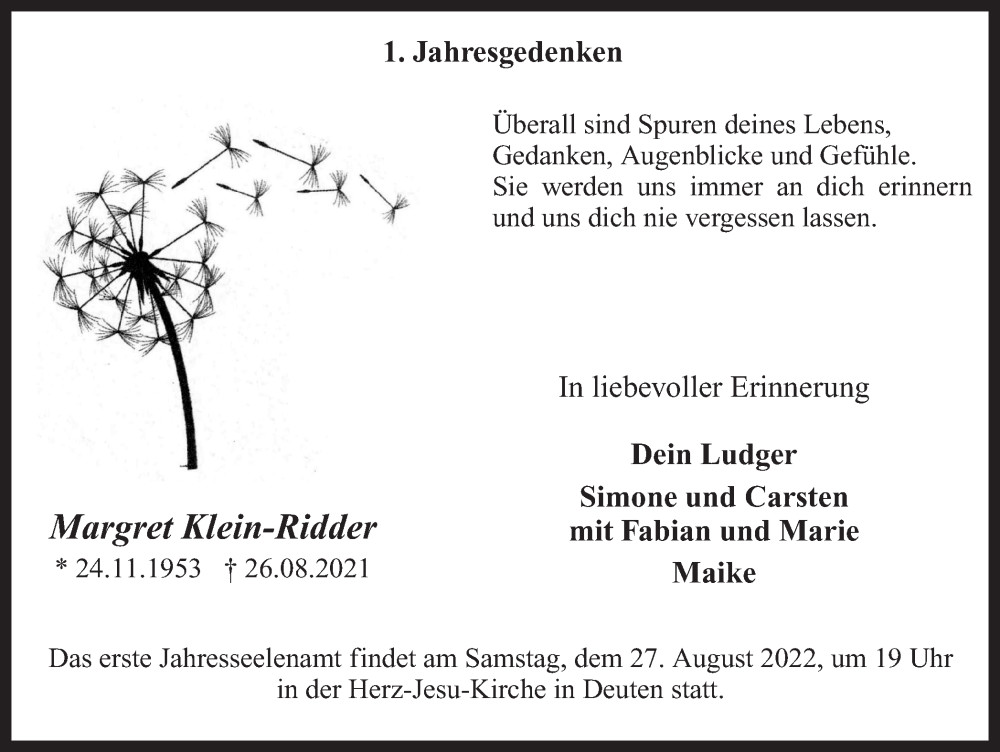 Traueranzeige für Margret Klein-Ridder vom 24.08.2022 aus Ruhr Nachrichten und Dorstener Zeitung