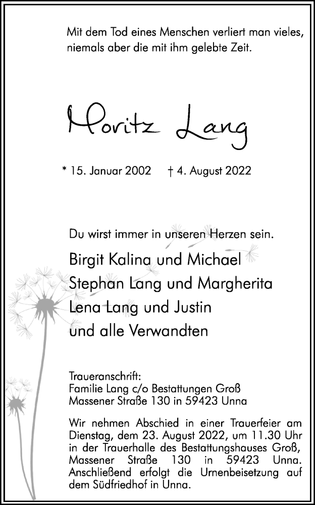  Traueranzeige für Moritz Lang vom 13.08.2022 aus Hellweger Anzeiger