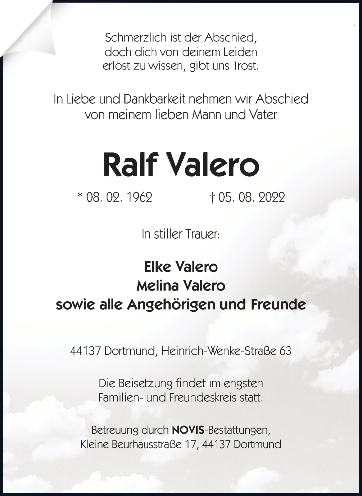  Traueranzeige für Ralf Valero vom 10.08.2022 aus 