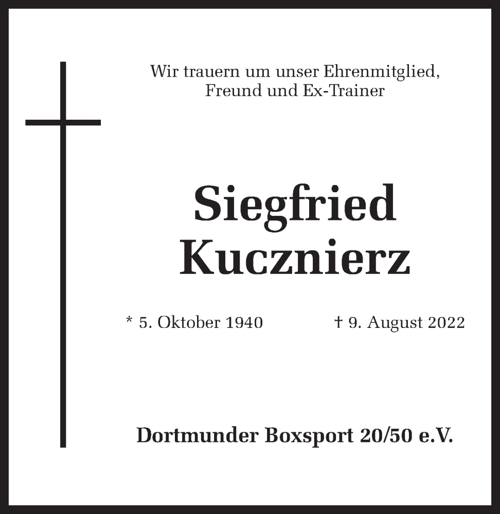  Traueranzeige für Siegfried Kucznierz vom 20.08.2022 aus 