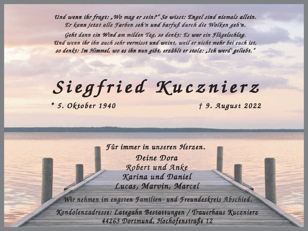  Traueranzeige für Siegfried Kucznierz vom 13.08.2022 aus 