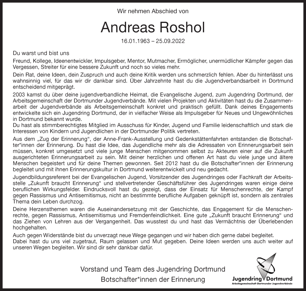  Traueranzeige für Andreas Roshol vom 28.09.2022 aus 
