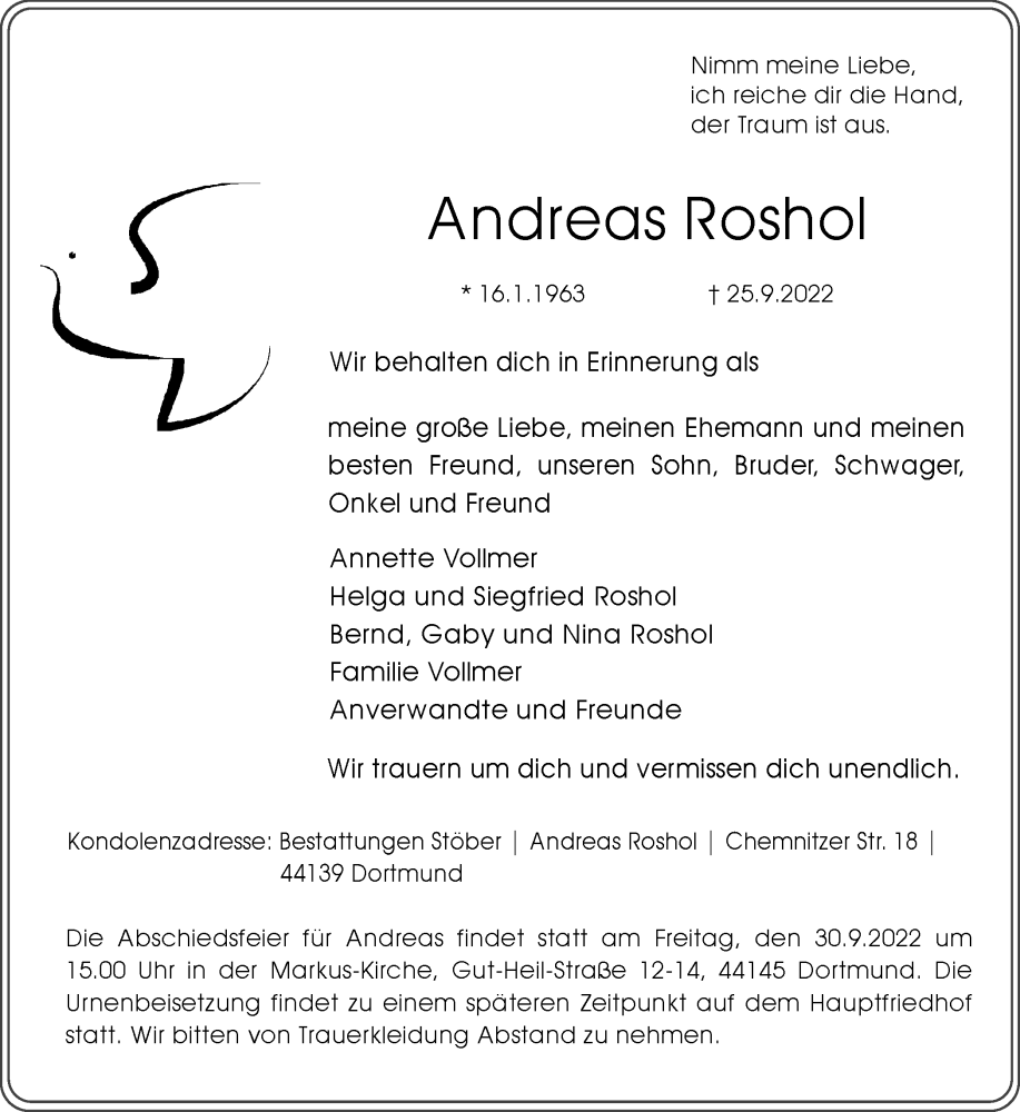  Traueranzeige für Andreas Roshol vom 27.09.2022 aus 
