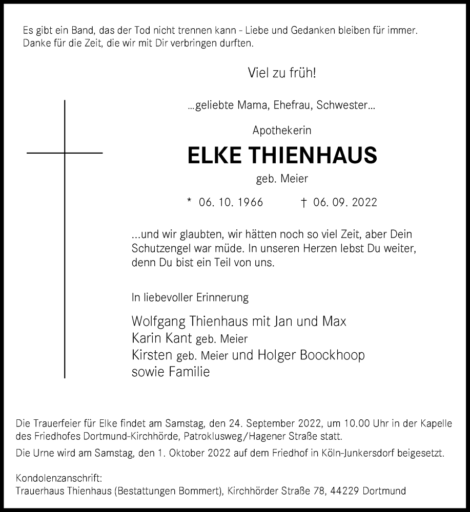  Traueranzeige für Elke Thienhaus vom 17.09.2022 aus 